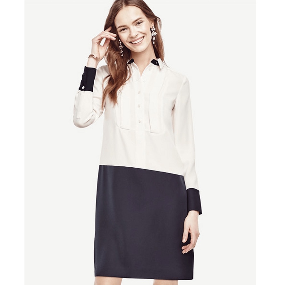 NEW WITH TAG Ann Taylor Winter White Navy Colorblock Tuxedo Shirtdress $139.00